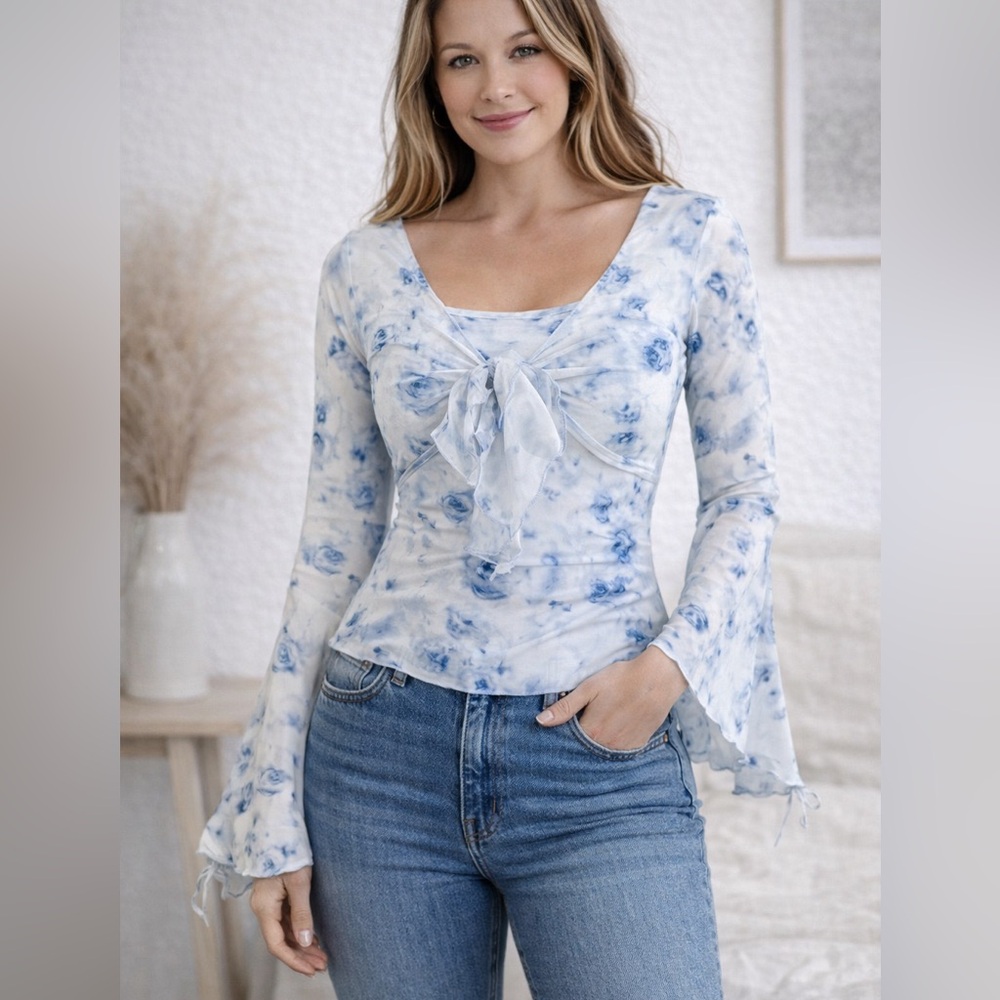 Floral Blue Women's Mesh Tie Flowy Y2K Top